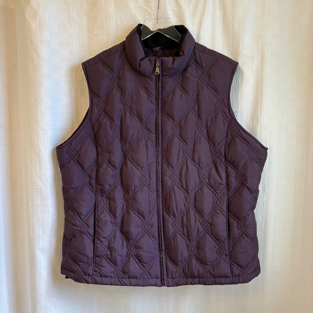 Eddie Bauer Womens XXL Purple Goose Down Puffer Vest Diamond Quilt Full Zip